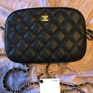 New Chanel black Caviar small camera bag